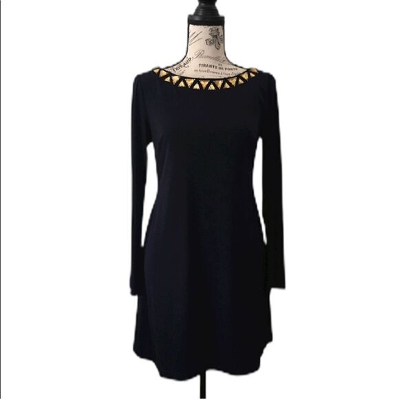 Vince Camuto Navy with Yellow Gold Jewel Neckline Midi Dress 8 - Picture 2 of 6